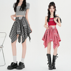 批发实拍春夏<b class='q'>新款</b>不规则格纹拼接蕾丝短裙绑带<b class='q'>半身裙</b>裤遮跨松紧休闲裙