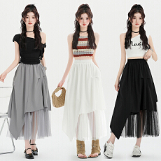 批发实拍网纱不规则<b class='q'>半身</b>裙女松紧腰中长款层次感褶皱遮胯显瘦A字裙子