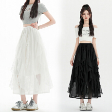 批发实拍不规则荷叶边蕾丝半身裙女2026新款高腰垂感a字伞裙大摆裙