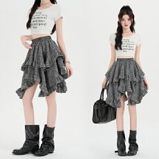 批发实拍复古撞色不规则荷叶边格纹半身<b class='q'>裙</b>女新款高腰显瘦a字<b class='q'>裙</b><b class='q'>伞</b><b class='q'>裙</b>