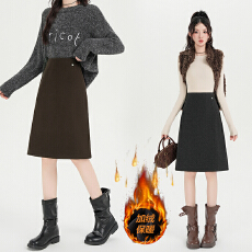 批发实拍毛呢加绒加厚五分<b class='q'>中裙</b>女2026秋冬新款a字裙遮胯显瘦半身裙