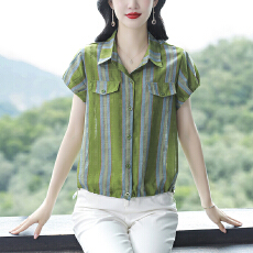 批发年轻妈妈装条纹短袖雪纺衬衫夏装新款洋气高贵<b class='q'>小衫</b>中老年上衣T恤