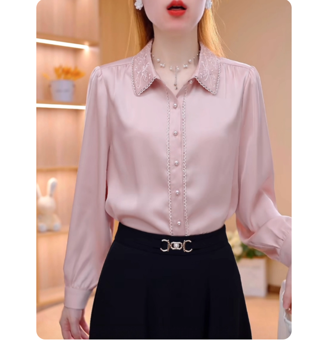 프랑스식 POLO 칼라 핑크색 셔츠 여성 긴 소매 새틴 셔츠 봄 새로운 레트로 외국 가스 출퇴근 캐주얼 맨위