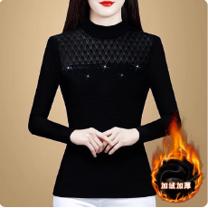 批发黑色蕾丝网纱烫钻上衣女半高领加绒打底百搭小衫春秋冬新款<b class='q'>妈妈</b><b class='q'>装</b>