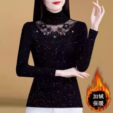 批发半高领<b class='q'>打底衫</b>女内搭秋冬2025年新款加绒加厚长袖<b class='q'>网纱</b>蕾丝保暖上衣