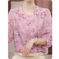 批发花色七分袖衬衫女夏装妈妈圆领洋气减龄显瘦小衫宽松遮肚薄款上衣