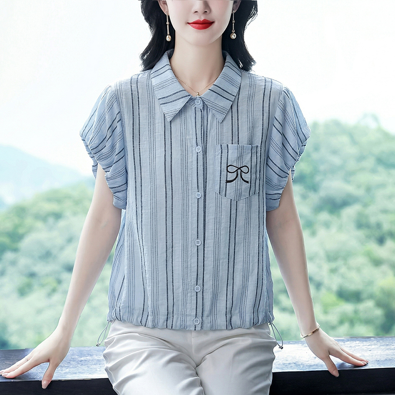 패션 스트라이프 폴로 칼라 반팔 여성 셔츠 2026 여름 새로운 루즈핏 슬림해 보이는 통기성 다용도 캐주얼 바람 셔츠