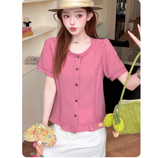 한국 스타일 목이버섯 레이스 반팔 여성 셔츠 여름 싱글 줄 버튼 루즈핏 대양 품격 다용도 작은 키 쇼트 스타일 셔츠
