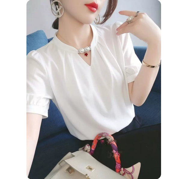 화이트 V넥 새틴 셔츠 여성용 짧은 소매 여름 루즈핏 작은 키 디자인 센스 작은 대중 고급 센스 셔츠 맨위
