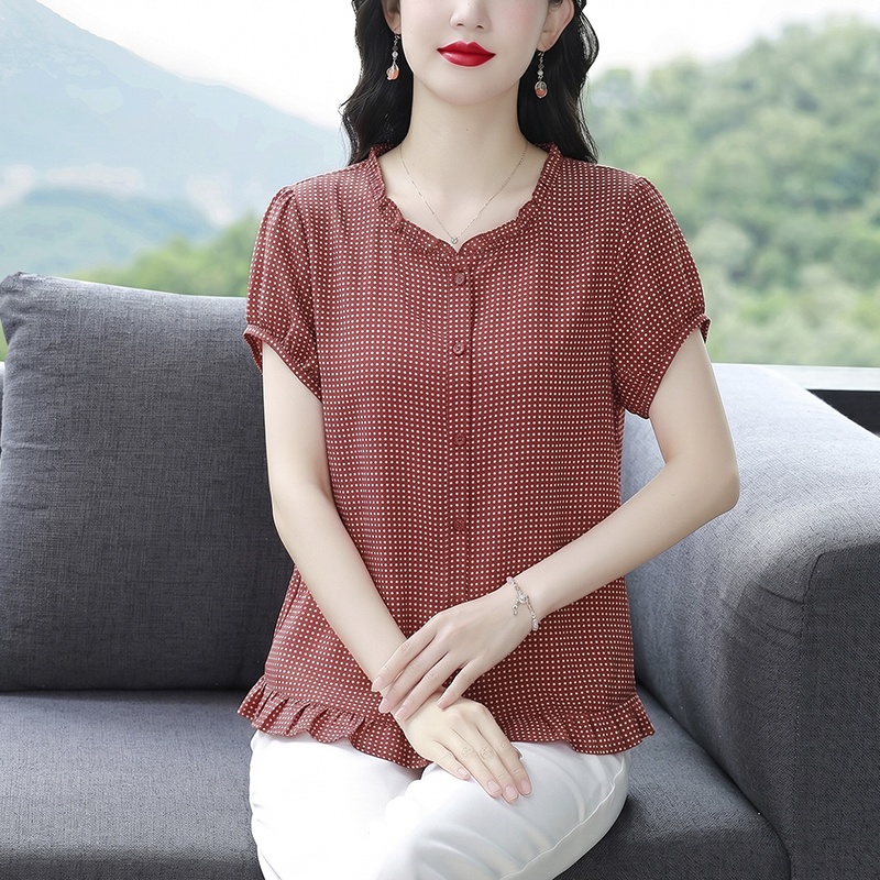 새로운 어머니 드레스 레이스 라운드 넥 반팔 티셔츠 여성 여름 새로운 외국 가스 작은 셔츠 다용도 한 부서 연령 감소 맨위