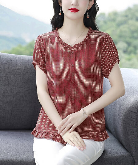 새로운 어머니 드레스 레이스 라운드 넥 반팔 티셔츠 여성 여름 새로운 외국 가스 작은 셔츠 다용도 한 부서 연령 감소 맨위