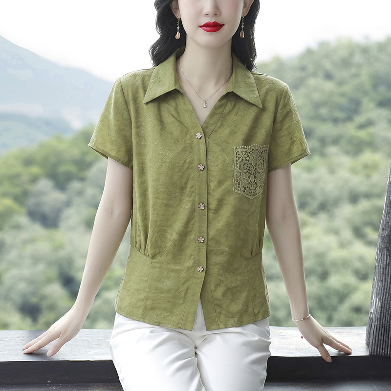 2026 새로운 엄마 여름 드레스 폴로 칼라 라이 경기 서울 셔츠 중년 여성 외국 가스 얇은 스타일 반팔 주간 실크 맨위