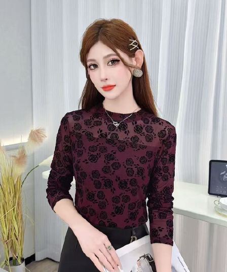 망사 만나는 품격 새로운 패션 프린트 라운드 넥 외국 가스 맨위 작은 셔츠 몸매 가꾸기 슬림해 보이는 연령 감소 긴팔 티셔츠