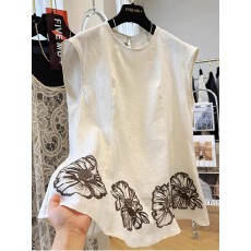 批发3672棉麻刺绣花朵漂亮无袖<b class='q'>裙摆</b>小衫女夏季外穿马甲背心<b class='q'>上衣</b>