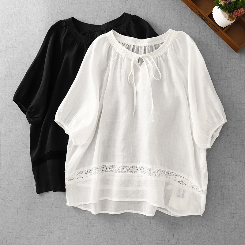 3678 여름 새로운 2026 패션 패치워크 단색 스트랩 여성 셔츠 루즈핏 빅 사이즈 홀로우 아웃 5 점 소매 맨위