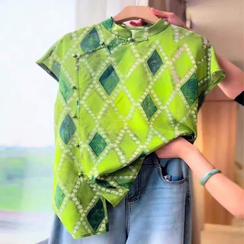 당나라 중국풍 여성 녹색 기하학 그림 반팔 셔츠 중간 길이 밑단 트임 상쾌 다용도 작은 셔츠