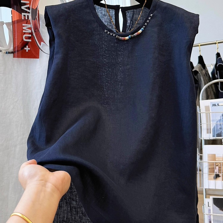 3784 면 린넨 라운드 넥 자수 네클라인 장식 외출용 베스트 조끼 여성 여름 민소매 작은 셔츠 슈퍼 잘 생긴 맨위