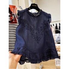 批发重工刺绣韩系木耳边无袖小衫夏季好看的薄款上衣外穿马甲背心