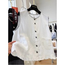 批发棉麻独特重工特种绣木耳边外穿马甲背心女夏季薄无袖上衣小衫