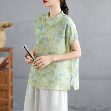批发3807原创设计新中式2026夏季棉麻禅意月亮袖小衫百搭上衣