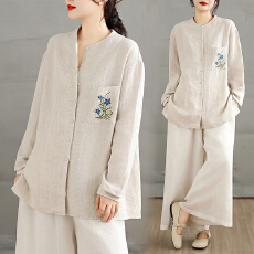 批发实拍雨露麻绣花棉麻长袖衬衫女新中式文艺衬衣宽松休闲上衣