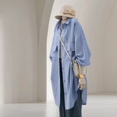批发蓝色薄款长袖外搭衬衫女春<b class='q'>夏</b>新款超好看慵懒风肌理感空调衫