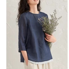 批发拼接撞色棉麻衬衣女2026春夏圆领蓝色衬衣宽松休闲简约上衣