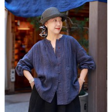 批发棉麻休闲衬衫沙青蓝色东方韵味文艺宽松皱感衬衣松烟2026春