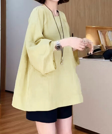 색상 추가 빅 사이즈 여성 의류 유럽 상품 라운드 넥 배트윙 소매 면 린넨 티셔츠 새로운 루즈핏 슬림해 보이는 9부 소매 맨위