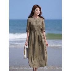 批发*2026夏高档刺绣<b class='q'>连衣裙</b>收腰系带显瘦文艺大摆棉麻旅行夏季