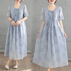 批发3867实拍夏季新款棉麻圆领短袖中长款<b class='q'>连衣裙</b>系带显瘦轻盈透气大摆