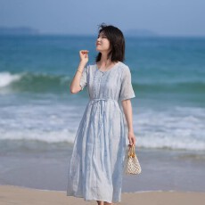 批发3867非实拍夏新款棉麻圆领短袖中长款<b class='q'>连衣裙</b>系带显瘦轻盈透气大摆