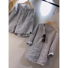 批发女夏季2026年新款日常百搭宽松外穿日系休闲条纹衬衫短裤套装