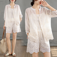 3902重工刺绣套装女2026夏季新款法式蕾丝衬衫短裤两件套