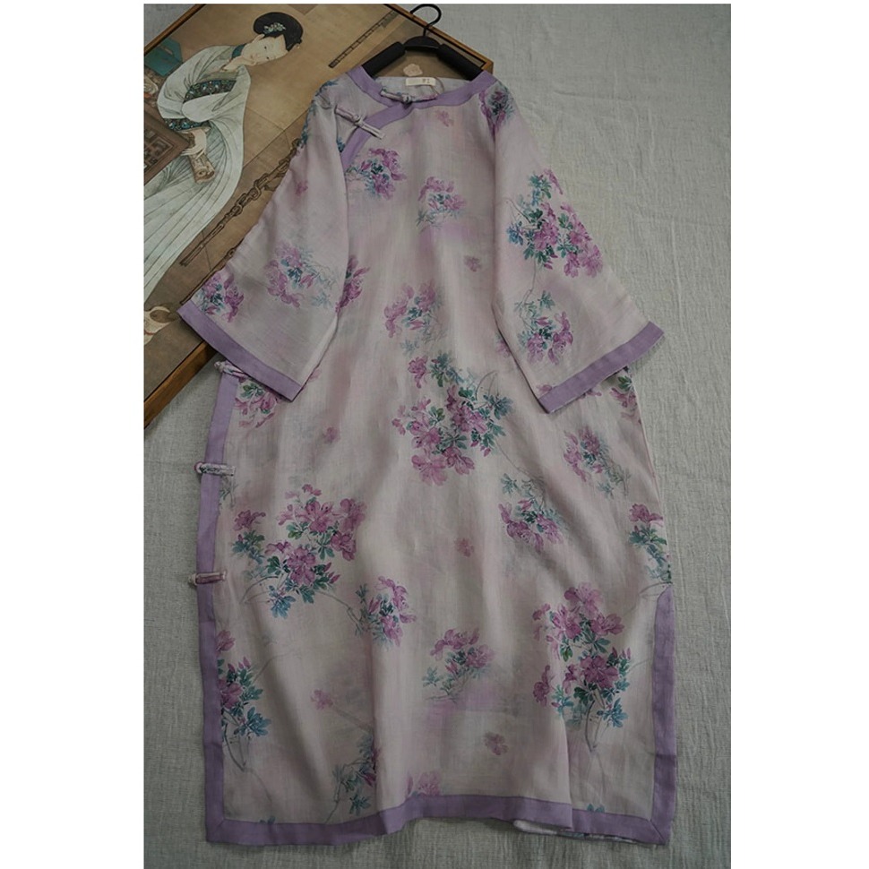 9024 재고 있음 2026 여름 새로운 면 린넨 국풍 보라색 뒤 푸 프린트 라운드 넥 롱 코트 단추 차 서비스