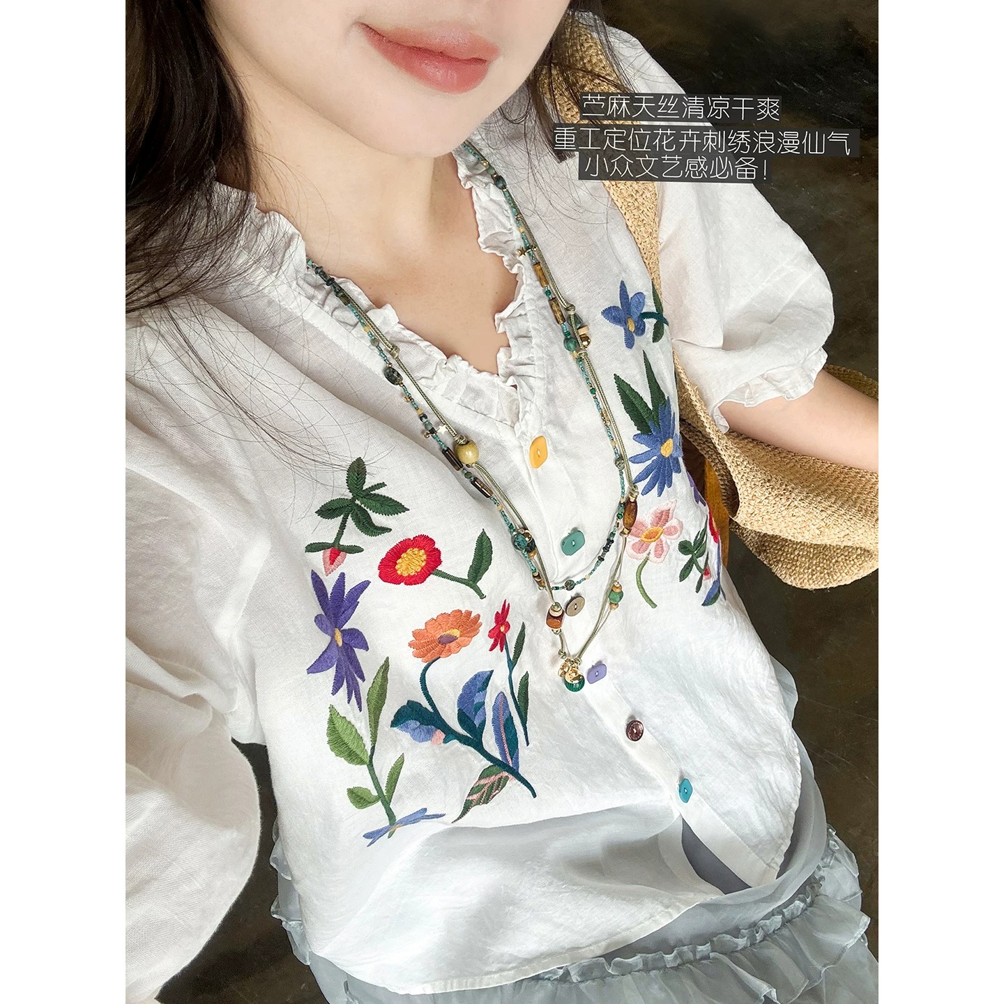 3937 무거운 작업 자수 포지셔닝 꽃무늬 자수 면 린넨 주간 실크 레이스 칼라 5 점 소매 문예 셔츠