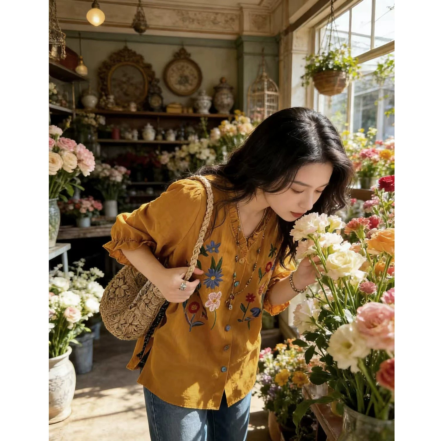 3937 무거운 작업 자수 포지셔닝 꽃무늬 자수 면 린넨 주간 실크 레이스 칼라 5 점 소매 문예 셔츠