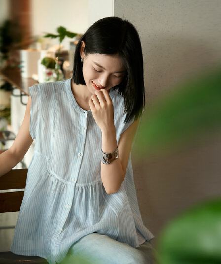 재고 있음 센 부서 작은 날다 소매 인형 셔츠 얇고 가벼운 면 린넨 프랑스식 루즈핏 민소매 맨위 여성