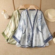 批发夏季薄款棉麻印花蝙蝠袖V领防晒服开衫外套空调衫