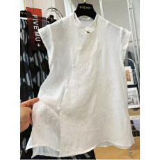 超火新中式国风重工刺绣飞肩短袖立领小衫女夏季棉麻气质衬衣