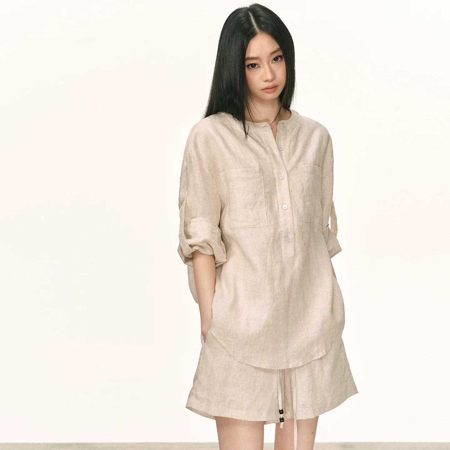 면 린넨 느슨함 센스 자외선 차단 셔츠 반바지 여성 여름 느긋한 바람 루즈핏 캐주얼 세트