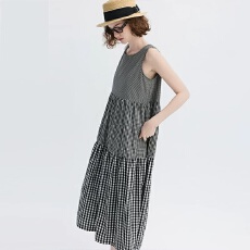 批发文艺风棉麻渐变拼接格子圆领无袖连衣<b class='q'>裙</b>女夏2026新款中长<b class='q'>裙</b>