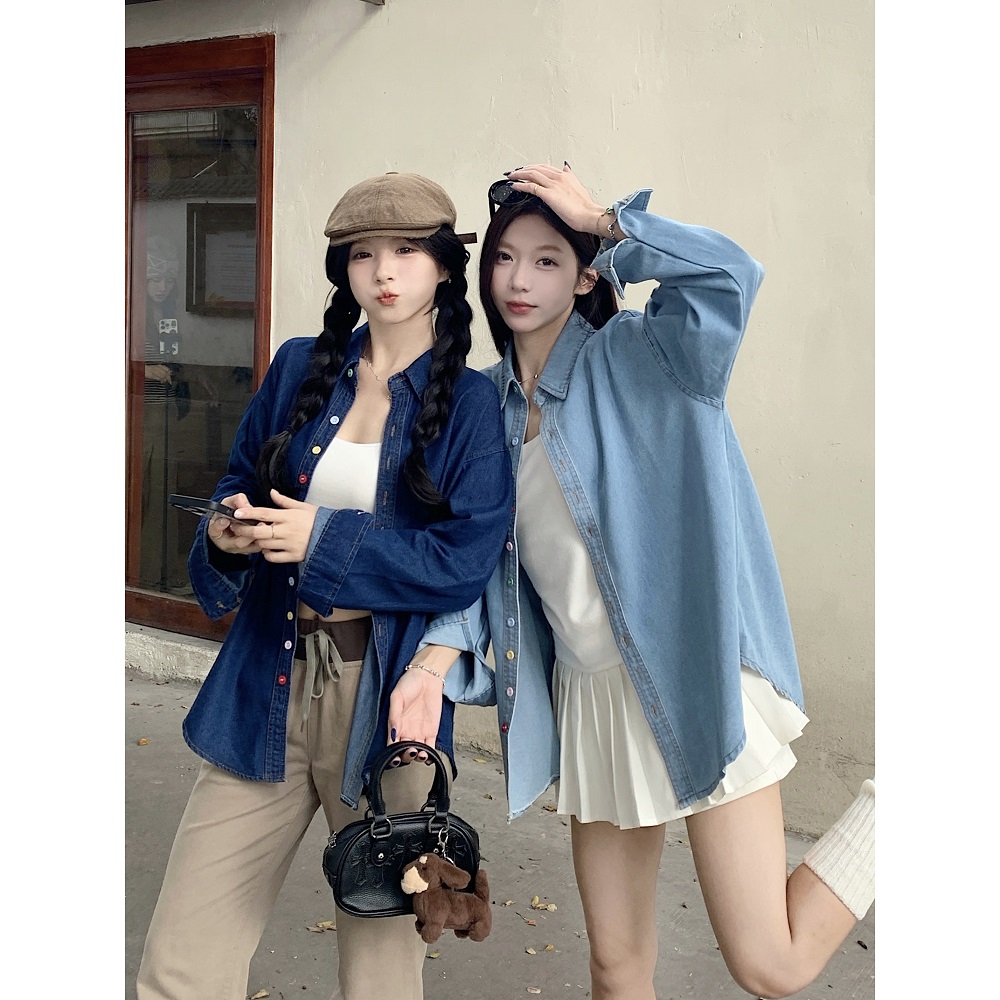 MY70338# 韩系慵懒彩色纽扣牛仔衬衫外套女早秋小众气质翻领长袖上衣女...