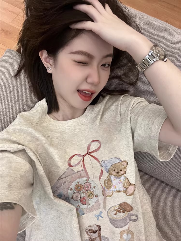 경관 그림 21 순면 210 그램 2026 년 봄 여름 드레스 반팔 티셔츠 여성 한국 스타일 프린트