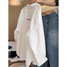 批发官图纯棉韩系穿搭白色polo领防晒衬衫夏装后背字母衬衣薄款开衫