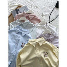 批发小马刺绣长袖纯棉奶黄色衬衫女春夏韩系宽松大码松弛上衣防晒外套