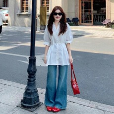 批发官图抖音质量 三标齐v领衬衫夏束腰设计感通勤短袖衬衣