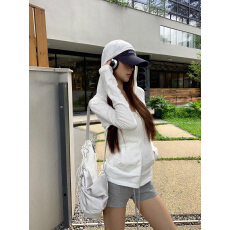 批发官图# 秋季韩版纯欲连帽口袋百搭纯色竹节棉拉链长袖开衫外套防晒