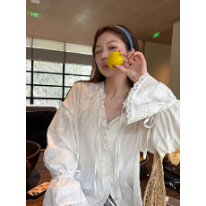 批发官图 吉普赛少女蕾丝拼接木耳边提花衬衫系带喇叭袖防晒上衣