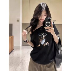 批发官图 40支纯棉 220克 92%棉8%氨纶 斜领一字肩露肩短袖T恤女印花